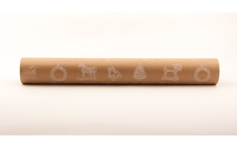 PRINTED PACKING PAPERS Vintage Christmas, Brown (white printing) 40 gr, 75 cm. 10 m roll,   33 roll / box